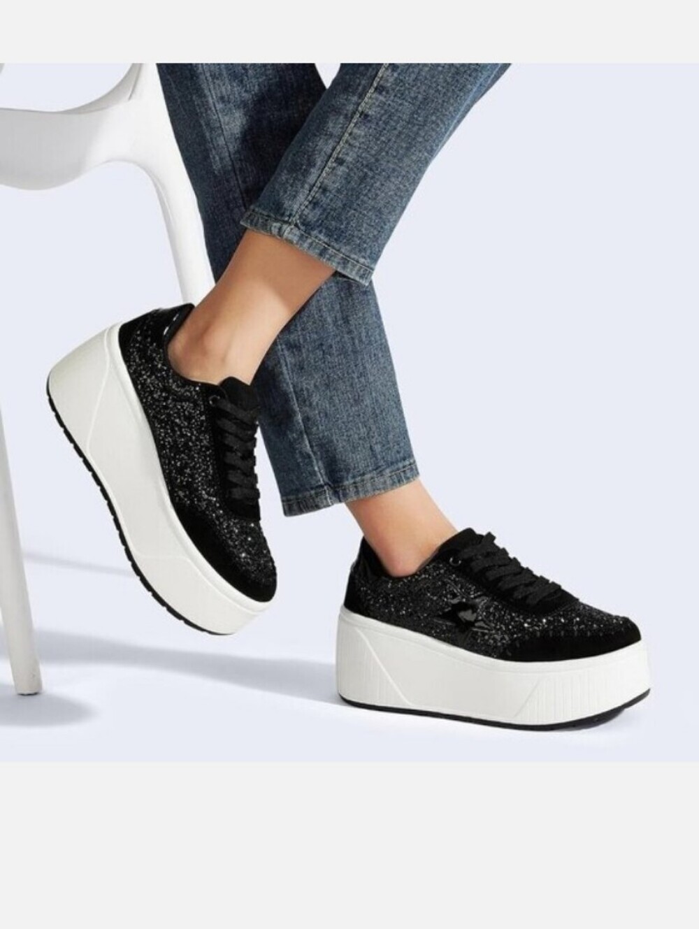 Lucky Step Black Glitter Platform Sneakers for Women - Picture 6 of 13